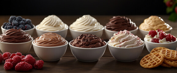 Photo of a variety of ice cream flavors in small bowls on a dark background, with chocolate and vanilla swirls. There are also fruit purees and fresh berries as accents.