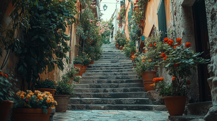 Photo of an old Italian village street with stone stairs and potted plants, flowers on the walls, on a sunny day with natural light.  © Just1