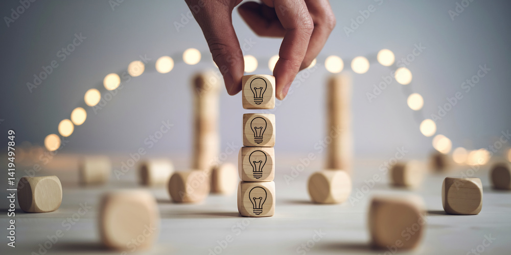 Poster hand placing wooden cube with lightbulb symbol atop a stack, symbolizing idea generation or problem-