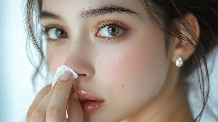 Sick woman with a runny nose and watery eyes holding a tissue, sneezing in a home office.