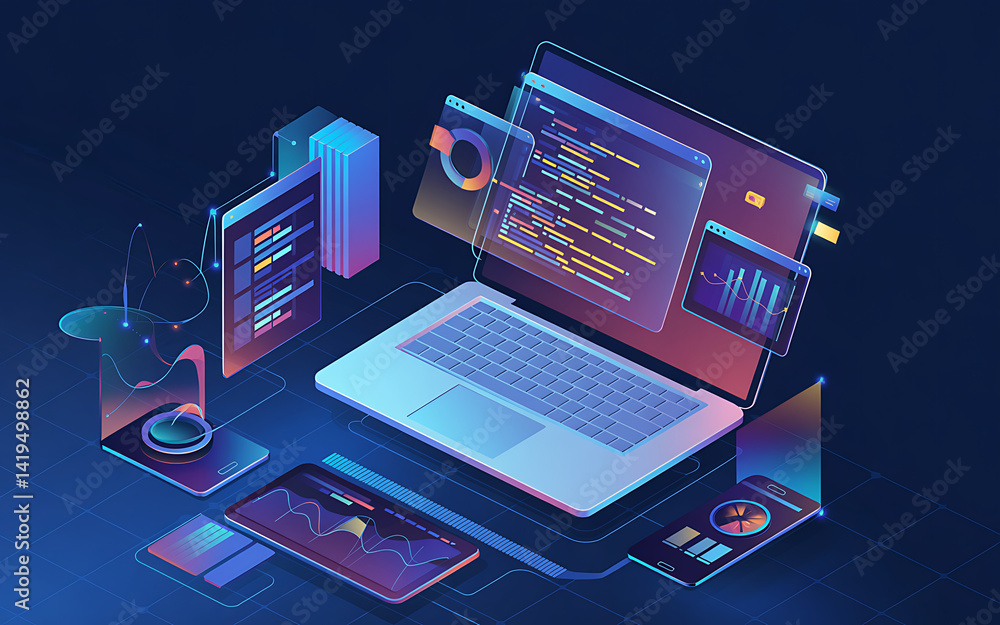 Poster futuristic isometric it infrastructure with laptop, smartphones, tablets, and servers visualizing da