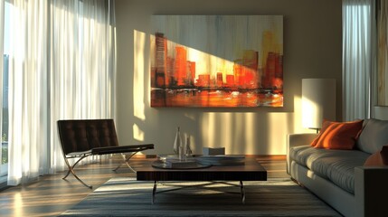 Living room interior with modern furniture and sunlight streaming in