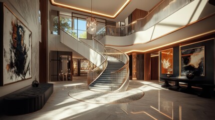 Elegant interior showcasing a modern spiral staircase and luxurious decor