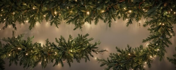 Elegant repeating pattern featuring intertwined coniferous boughs, shimmering garland, and warm LED lights , festive design, snow, texture