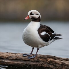 Fototapeta premium Long-tailed Duck bird on piece of wood
