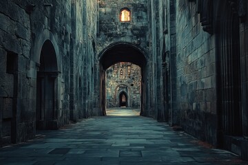 Fototapeta premium Narrow stone passageway leading to ancient structure in a historical setting