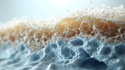Microscopic view of a porous substance with intricate textures and foam-like structures showing a gradient of blue and beige tones.
