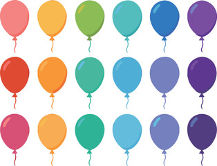 Create a 18 different colorful balloons collection. Flat style. Vector art with white background.