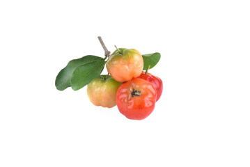 Acerola small cherry fruit with leaf isolated on white background.