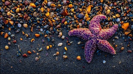 Purple Starfish on Dark Pebble Beach