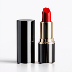 Closeup beautiful red lipstick tube in black and gold cover isolated on white background.  Ai Generated Images