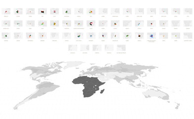 African Maps in Gray with National Flags. Gray World Map Featuring Africa