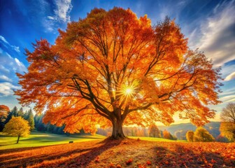 Fototapeta premium Panoramic Autumn Landscape: Vibrant Orange Fall Tree Photography