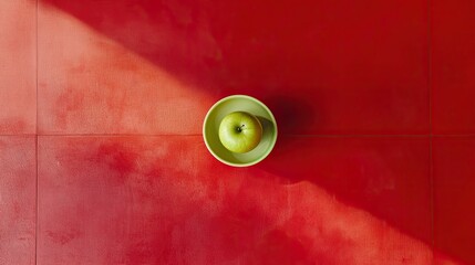 Green apple in light green bowl on red surface.