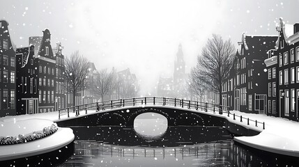 Amsterdam canal scene in winter, flat minimalist style, snow-covered rooftops as light silhouettes, monochrome color scheme, frozen water reflections, classic houses and bridge in geometric shapes,