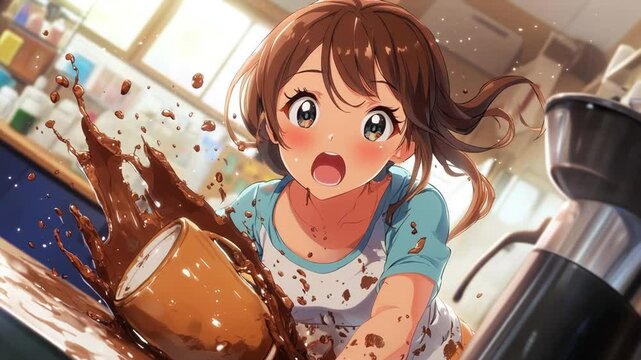 Animated Girl's Shock After Spilling Coffee in Kitchen Chaos Scene