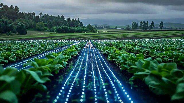 Innovative farming techniques transform fields with vibrant LED lighting at dusk in rural landscapes Generative AI