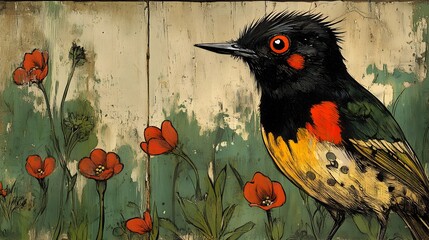 A vibrant painting depicts a small exotic bird with red and yellow plumage perched amongst red wildflowers on a textured green background.