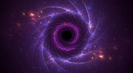 A swirling vortex of purple and white light with a dark center resembling a cosmic black hole effect