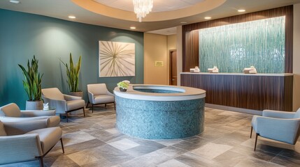 Elegant spa reception area features seating plants and mosaic desk
