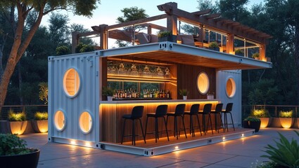 a modern, stylish outdoor bar constructed from a repurposed shipping container. The container is painted white with large, circular windows on the sides, adding a unique architectural element