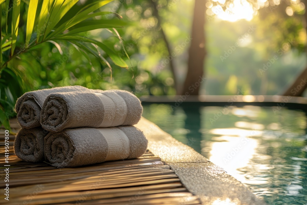 Poster relaxing atmosphere by the pool with neatly stacked towels in a tranquil setting