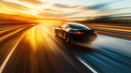 Obraz premium Fast black car speeding sunset, blurred motion.