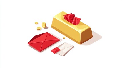 Gold bar, money envelope and coin on bright background. Symbolizes business profit or wealth