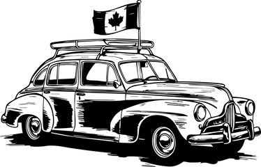 Vintage car parade celebrating canada day downtown city illustration festive atmosphere side view national pride