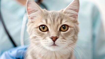 Close-up of a cat at a veterinary clinic.