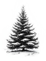Fototapeta premium A majestic snow-covered evergreen tree stands tall against a white background in a detailed ink drawing illustration.