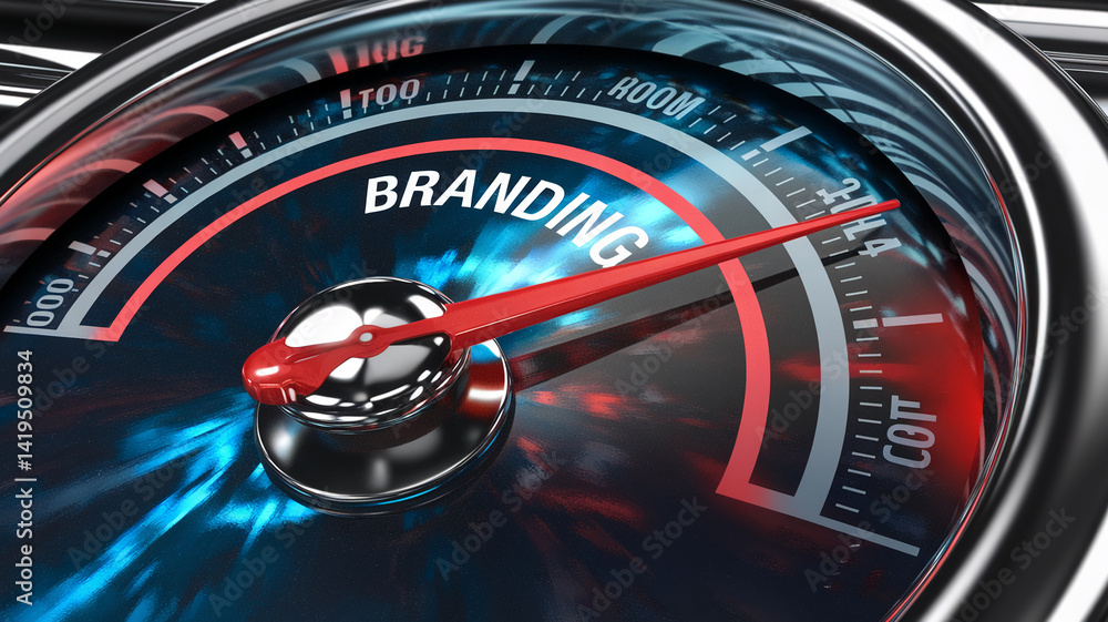 Poster close-up of speedometer showing branding level, red needle pointing high, blue and red background sy