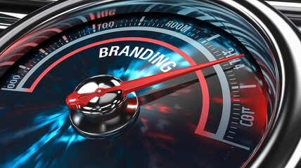 Close-up of speedometer showing branding level, red needle pointing high,  blue and red background symbolizing strong brand growth and success