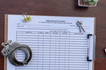 Crime Scene Entry Control: Log Sheet in Clipboard with Handcuffs on Wooden Table