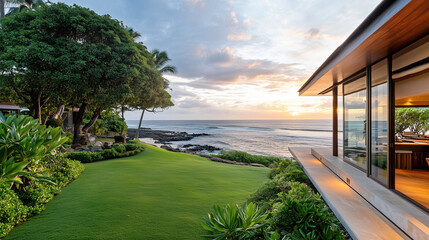 stunning coastal view featuring lush green lawn, palm trees, and modern villa overlooking ocean at sunset