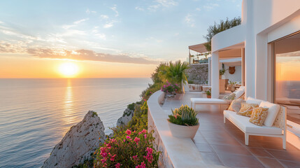 Fototapeta premium stunning villa overlooking ocean at sunset, featuring elegant outdoor seating and vibrant flowers, creating serene atmosphere