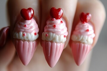 Closeup of Pink and Red Cupcake Nail Art with Heart Decorations