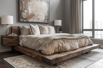 A modern bedroom with minimalist design, featuring a king-sized bed with a sleek, dark wood frame, a soft beige duvet, matching nightstands with contemporary lamps, large windows offering natural 