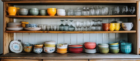 Colorful Dishes on Wooden Kitchen Shelves