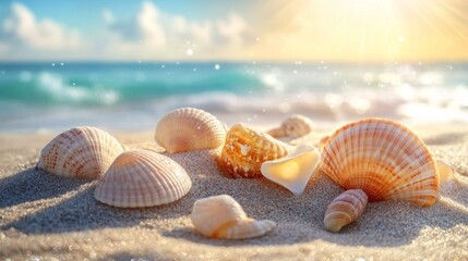 Seashells on Sandy Beach with Ocean and Sunshine