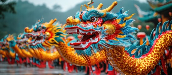 Obraz premium Colorful Dragon Dance Parade in Outdoors