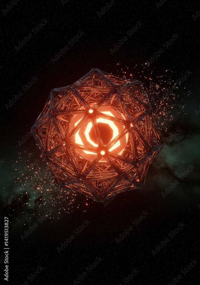 Aufkleber glowing celestial orb in cosmic nebula: a 3d render of intricate geometric structure