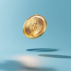 A golden coin with dollar sign levitating in mid-air. The coin casts a shadow, indicating the lighting