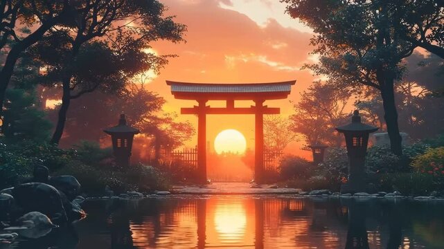 Tranquil Japanese garden at dusk with a fiery sunset reflecting in the pond