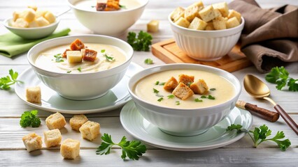 Creamy Cauliflower Soup Night Photography: Delicious Bowls, Croutons, Cheese Garnish