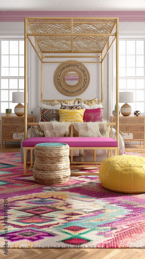 Poster modern eclectic bedroom featuring bold geometric patterns and textures - abstract patterned eclectic