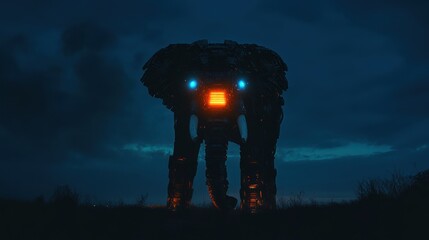Massive, futuristic robot strides across a dark landscape.