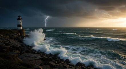 Stormy Ocean and Lighthouse - Photo