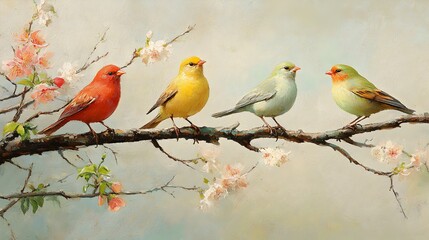 Four colorful birds perch on a blossoming branch in sp, creating a vibrant and cheerful nature scene.
