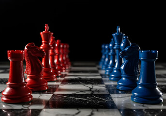 illuminated chess set with contrasting red and blue pieces on black and white board with dramatic lighting representing strategic conflict and opposing sides concept
